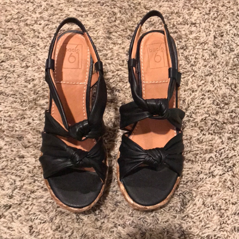 Bacio 61 black leather wedges. Size 7.